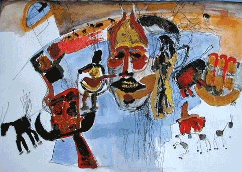 Afrikanisches Gartenfest, Tusche, Tempera, ca. A2